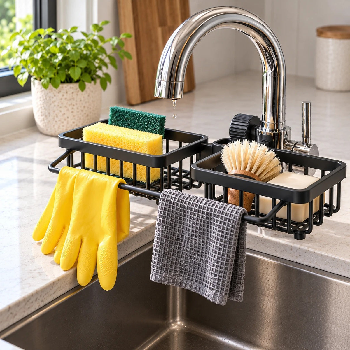 Double rack holding a sponge, brush, soap, gloves and cloth