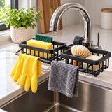 Double rack holding a sponge, brush, soap, gloves and cloth