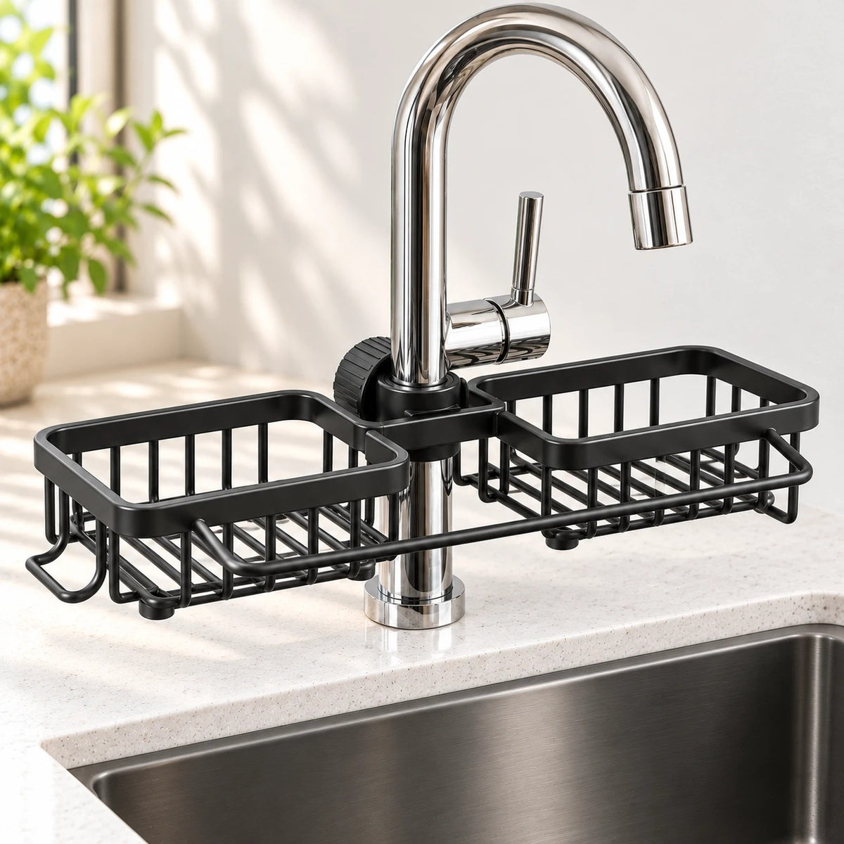 Double rack in matte black, clamped to the tap