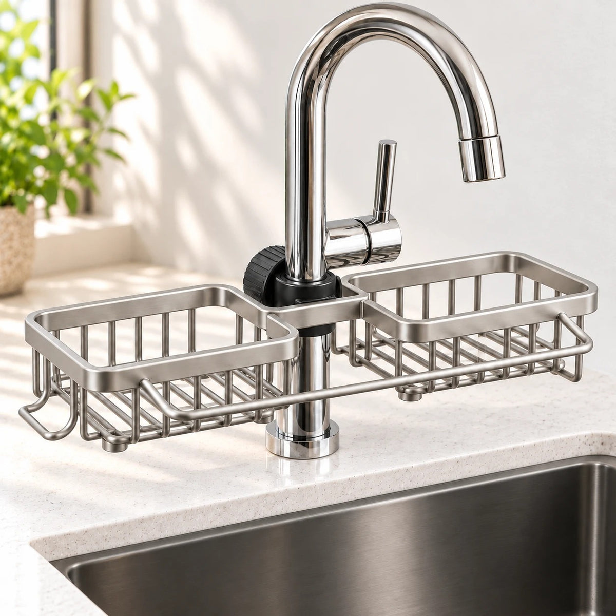 Double rack in stainless steel, clamped to the tap