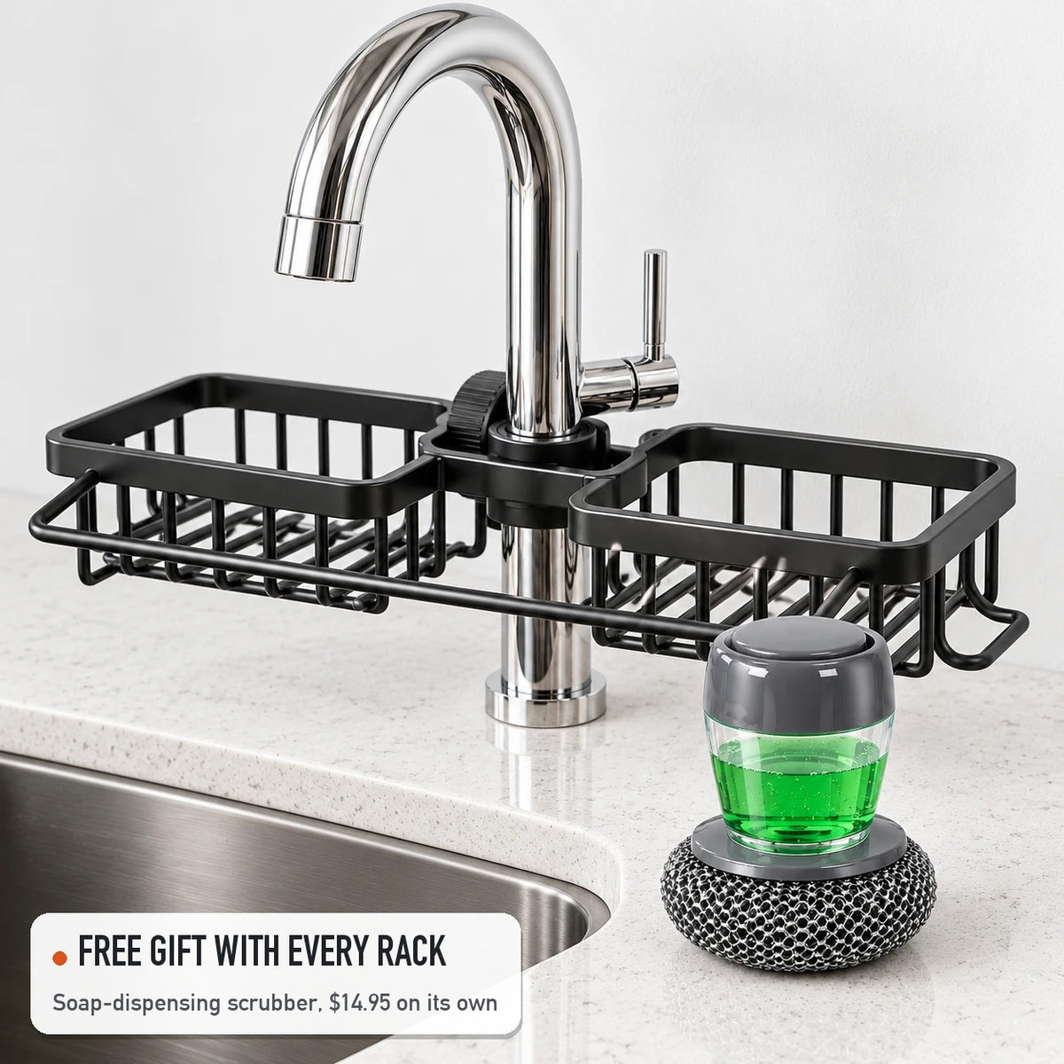 Free gift with every rack: the soap-dispensing scrubber, shown with the double rack