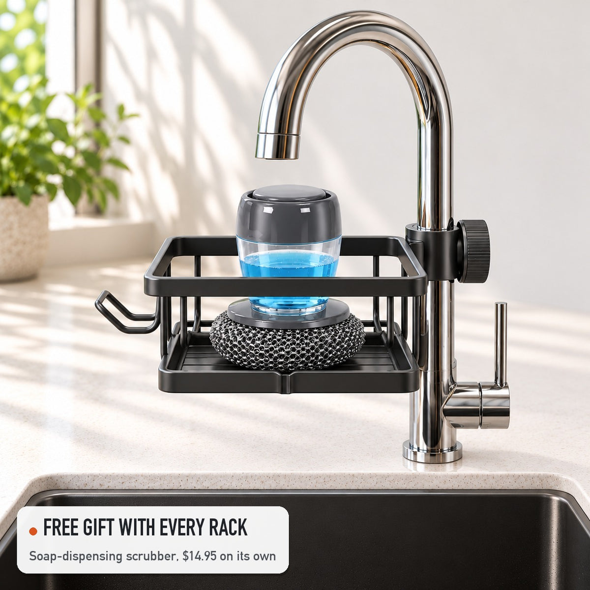 Free gift with every rack: the soap-dispensing scrubber, shown with the single rack