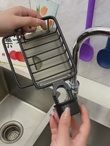 Over-tap sink rack in use with sponges, scourer and cloth, no sound